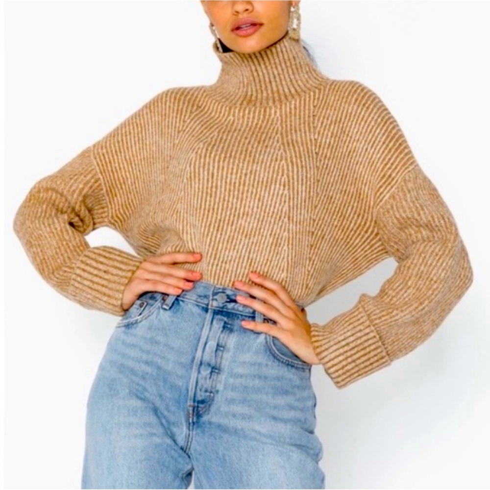 TopShop Ribbed Chunky Knit Wide Sleeve Mock Neck Oversized Sweater Top Retro 12